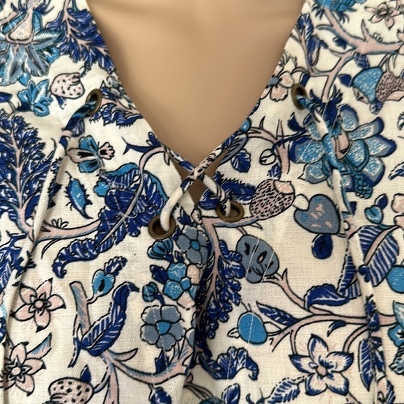Women's Floral Top Shirt Blouse (8L98M9) Blue White Strings - Picture 3 of 4